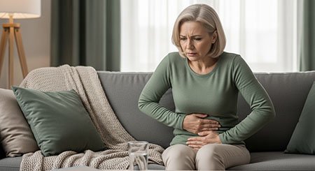 Женщина держит руки на животе
